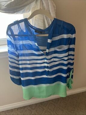 Apt. 9 Blue, White & Mint Striped Sheer Henley Blouse